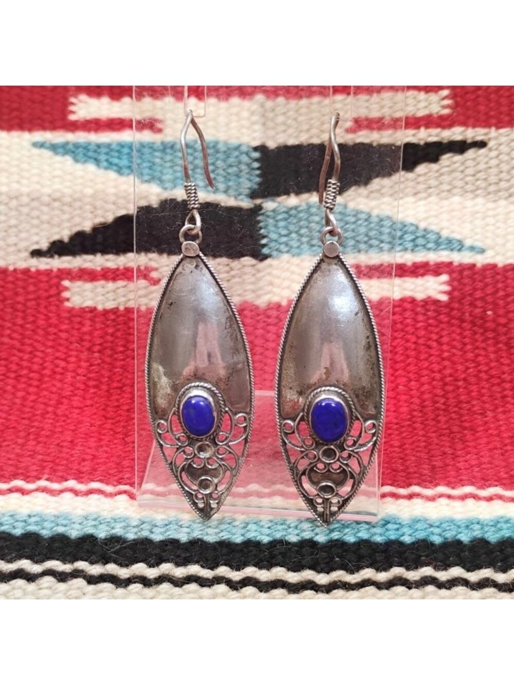 Vtg 1980s Nepal Lapis Lazuli Sterling Silver Dangle Earrings Elongated Teardrop